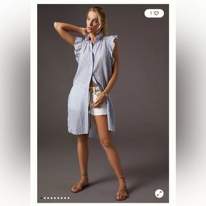 Anthro sleeveless long tunic shirt in blue stripe cotton w/ ruffle by Maeve Sz M